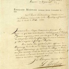 Médiathèque du Cateau-Cambrésis. Lettre manuscrite du Maréchal Mortier au citoyen Lachenardière.