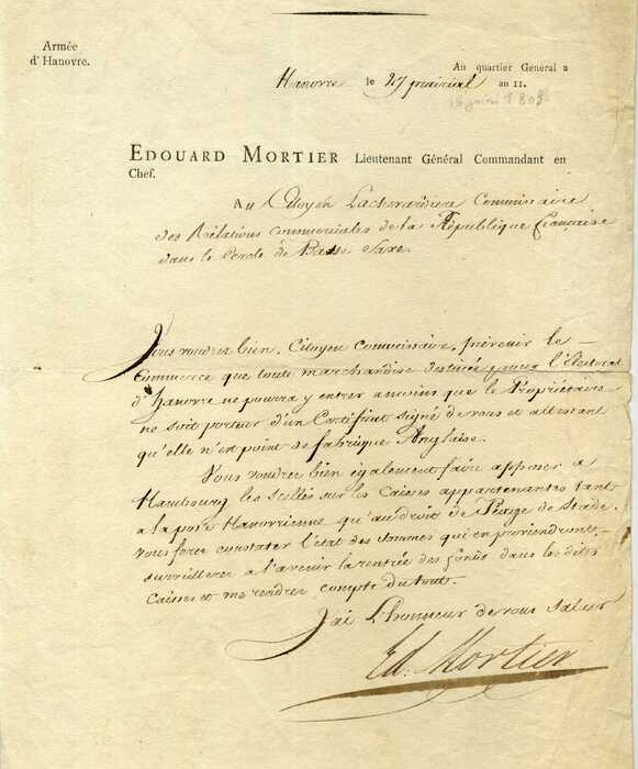 Médiathèque du Cateau-Cambrésis. Lettre manuscrite du Maréchal Mortier au citoyen Lachenardière.