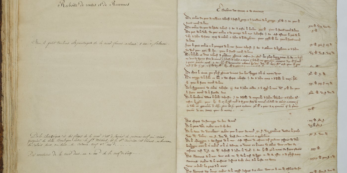 Médiathèque Louis Aragon de Calais. Comptes, recettes et dépenses des Baillis de Calais pour 1307, 1308, 1309, 1313, 1324, 1326. XIVe siècle.