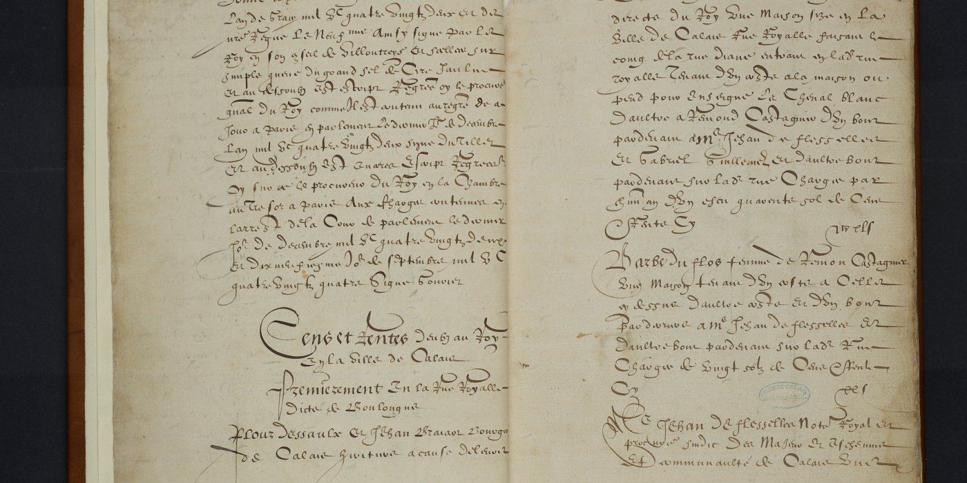 Médiathèque Louis Aragon de Calais. Pappier terrier du domaine du Roy en la ville de Calais et Pais Reconquis / Pierre de Miraulmont. 1584.